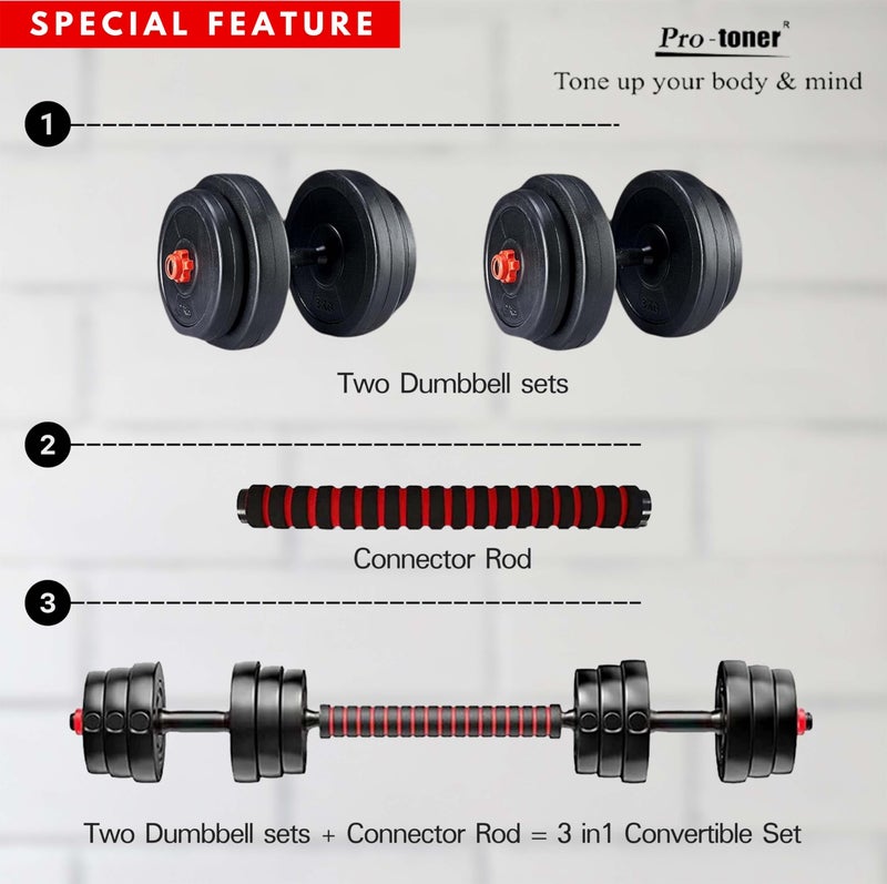 Protoner PVC 3 in 1 convertible DM 4-40 Kg Dumbbells Set and Fitness Kit for Men and Women Whole Body Workout (4 Kg (1 Kg x 4), 3 in 1 convertible), Black And Red - Image 4