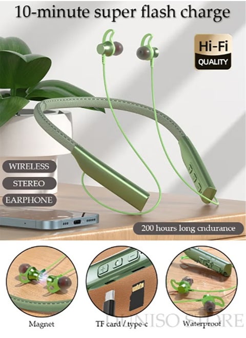 Wireless Bluetooth Headphones Neckband Headset With Retractable Earbuds Noise Cancelling Stereo Sweatproof Earphones With Mic For Gym Running Office Green