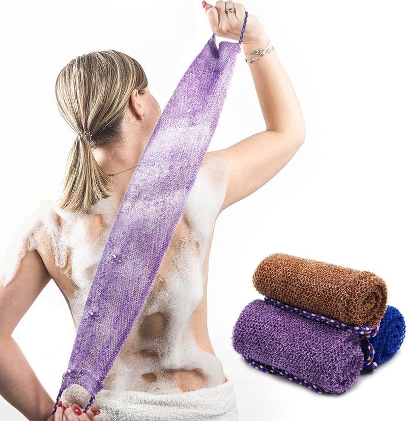 Pinkiou African Net Sponge3 Pieces Shower Sponge with Handle Bathing Body Exfoliating Shower Body Back Scrubber Soft Durable Nylon Suits for Daily Bathing for Women and Men PurpleBlueCoffee