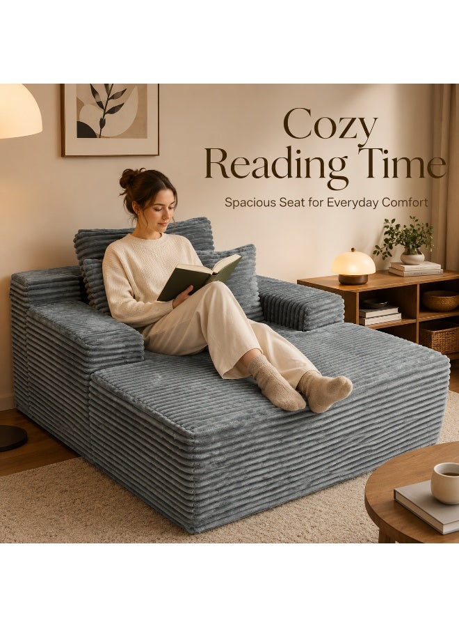 Sofa, Durable Lightweight Ready Filled Lounge Chair with Soft Corduroy Fabric, Extra-Wide Seat, Supportive Backrest & Pillows for Living Room, Bedroom, Reading Nook, Adults & Teens (Grey)