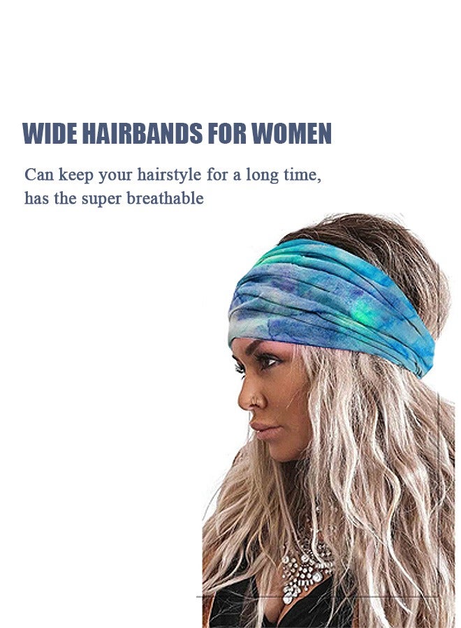Loquat Boho Elastic Tie Dye Wide Headbands, Cotton Breathable Non Slip Knot Head Wraps Yoga Sweatbands, Hair Scarf Fashion Hair Accessories for Sport Workout Running (Blue) - Image 4
