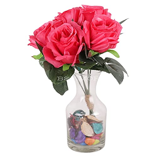 BS AMOR Fancy Vintage Artificial Rose Silk Flowers Bouquet +Glass Vase Potpurri Home Wedding Decoration 'Living Room' Dining Table Decor Vase Filler Peony Bunch Vibrant Colors(Multicolor) (Dark Pink) - Image 1