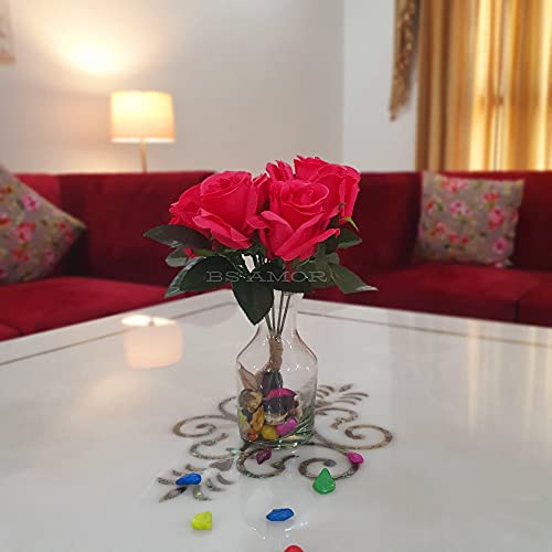 BS AMOR Fancy Vintage Artificial Rose Silk Flowers Bouquet +Glass Vase Potpurri Home Wedding Decoration 'Living Room' Dining Table Decor Vase Filler Peony Bunch Vibrant Colors(Multicolor) (Dark Pink) - Image 2