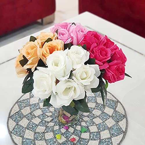BS AMOR Fancy Vintage Artificial Rose Silk Flowers Bouquet +Glass Vase Potpurri Home Wedding Decoration 'Living Room' Dining Table Decor Vase Filler Peony Bunch Vibrant Colors(Multicolor) (Dark Pink) - Image 5