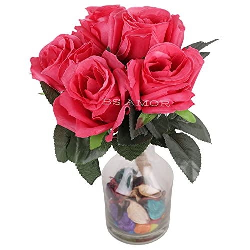 BS AMOR Fancy Vintage Artificial Rose Silk Flowers Bouquet +Glass Vase Potpurri Home Wedding Decoration 'Living Room' Dining Table Decor Vase Filler Peony Bunch Vibrant Colors(Multicolor) (Dark Pink) - Image 3