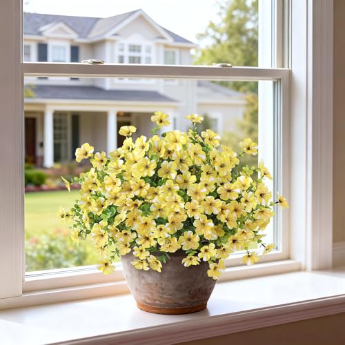 GLIDLION Artificial Morning Glory & Eucalyptus Topiary Trees - Set of 2 Faux Silk Flower Potted Plants, UV-Resistant Fake Outdoor Morning Glory Bushes for Front Door, Yard, Farmhouse, Garden Decor (Yellow) - Image 3