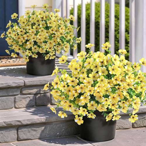 GLIDLION Artificial Morning Glory & Eucalyptus Topiary Trees - Set of 2 Faux Silk Flower Potted Plants, UV-Resistant Fake Outdoor Morning Glory Bushes for Front Door, Yard, Farmhouse, Garden Decor (Yellow) - Image 1