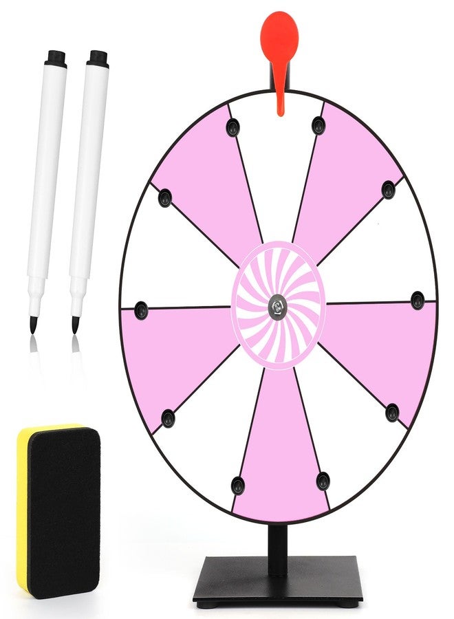 NQEUEPN 12 Inch Spinning Prize Wheel, 10 Slots Tabletop Fortune Wheel Spinner with Stand Raffle Roulette with Dry Erase & Markers for Carnivals, Trade Shows, Holiday Activities, Game (Pink+White) - Image 1
