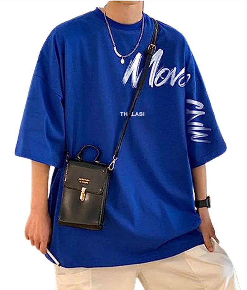 THALASI Aesthetic Korean Style Blue Oversized T Shirts for Men - Baggy Fit T-Shirt with Down Shoulder and Half Sleeves & Branded Cotton Anime T-Shirts for Men - Image 1