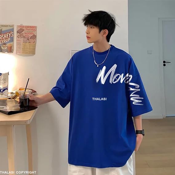 THALASI Aesthetic Korean Style Blue Oversized T Shirts for Men - Baggy Fit T-Shirt with Down Shoulder and Half Sleeves & Branded Cotton Anime T-Shirts for Men - Image 4