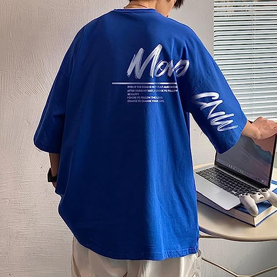 THALASI Aesthetic Korean Style Blue Oversized T Shirts for Men - Baggy Fit T-Shirt with Down Shoulder and Half Sleeves & Branded Cotton Anime T-Shirts for Men - Image 2