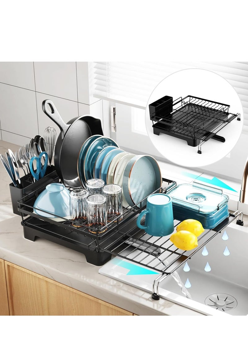 Raxoom Dish Drying Rack with Drainboard Dish Drainers,Expandable Stainless Steel 2-in-1 Dish Rack for Kitchen Counter Sink,Adjustable Spout Dish Strainers with Utensil Holder and Knife Slots (BLACK) - Image 1
