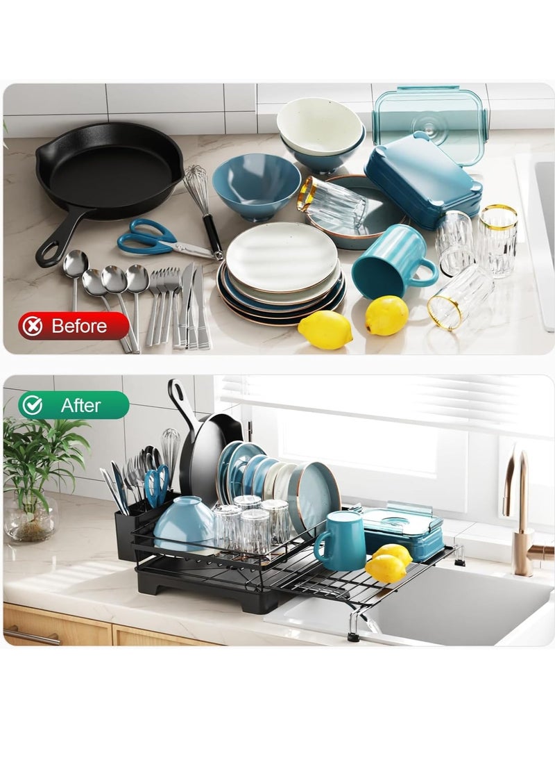Raxoom Dish Drying Rack with Drainboard Dish Drainers,Expandable Stainless Steel 2-in-1 Dish Rack for Kitchen Counter Sink,Adjustable Spout Dish Strainers with Utensil Holder and Knife Slots (BLACK) - Image 2