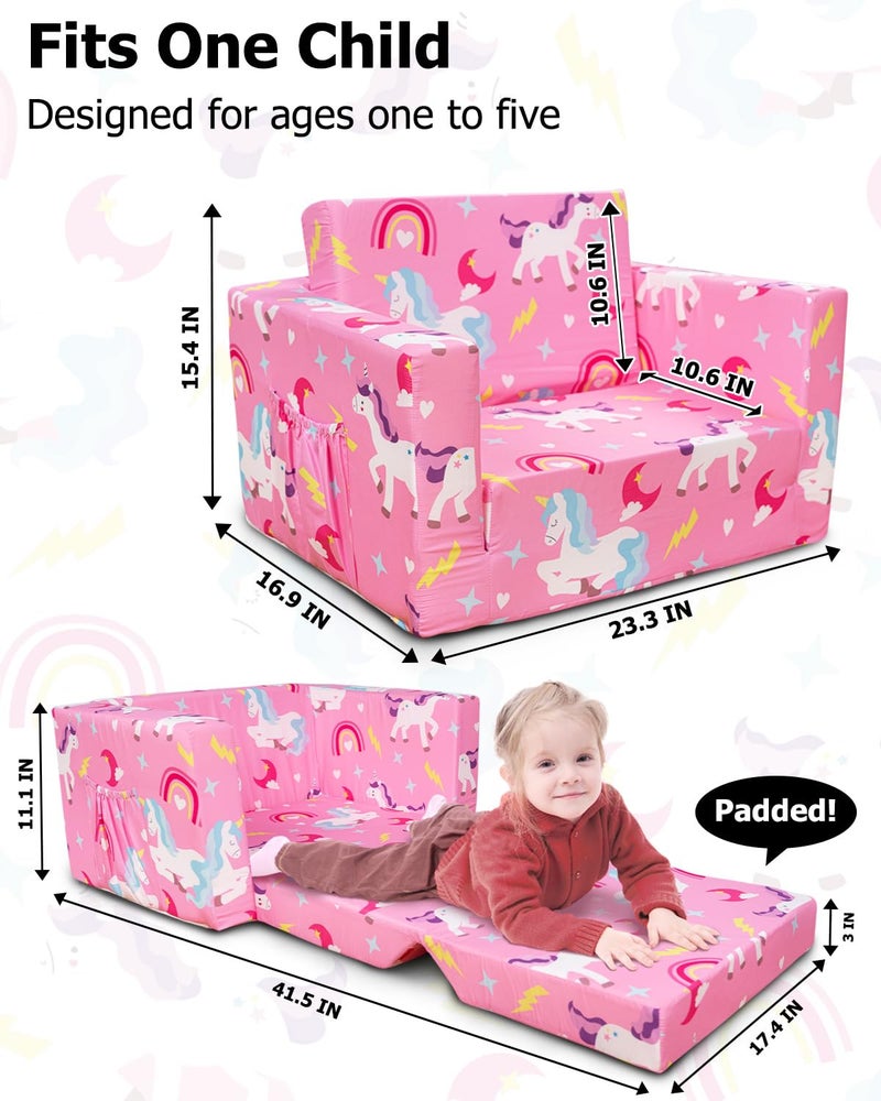 Beavtaens Kids Couch, 2-in-1 Kids Fold Out Couch, Convertible Sofa to Lounger for Girls and Boys, Soft Toddler Chairs Comfy 1-3 Years Old - Light Pink - Image 5