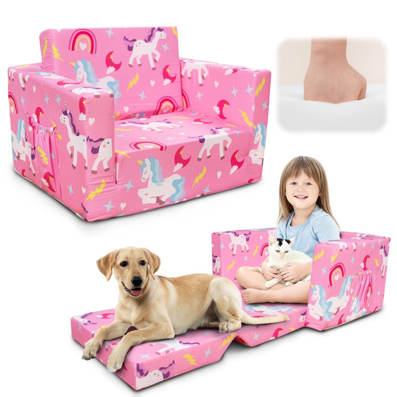 Beavtaens Kids Couch, 2-in-1 Kids Fold Out Couch, Convertible Sofa to Lounger for Girls and Boys, Soft Toddler Chairs Comfy 1-3 Years Old - Light Pink - Image 1
