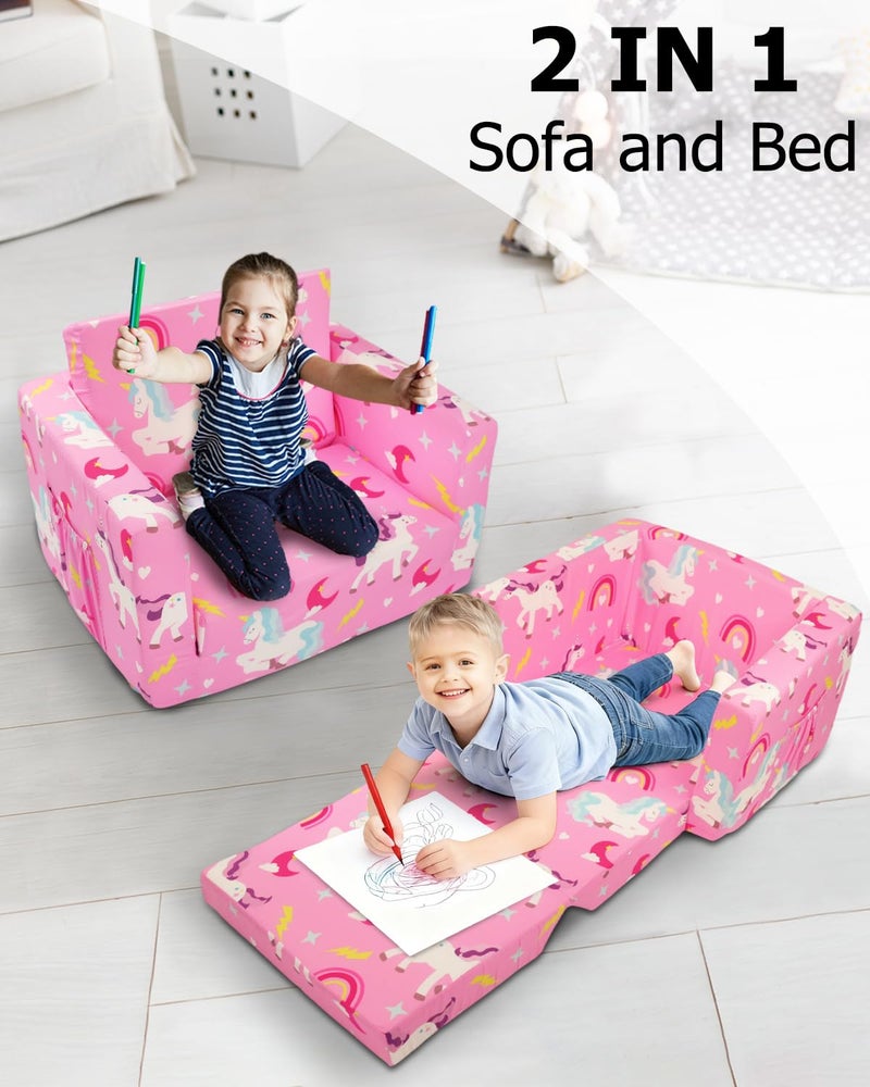Beavtaens Kids Couch, 2-in-1 Kids Fold Out Couch, Convertible Sofa to Lounger for Girls and Boys, Soft Toddler Chairs Comfy 1-3 Years Old - Light Pink - Image 3
