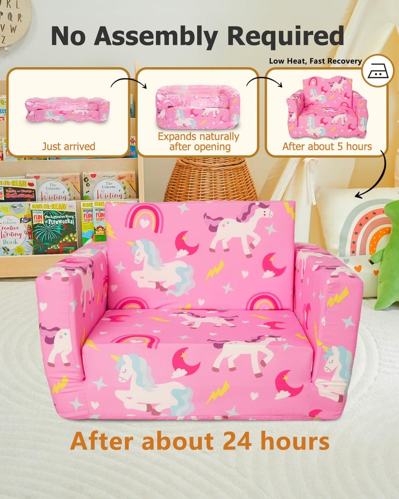 Beavtaens Kids Couch, 2-in-1 Kids Fold Out Couch, Convertible Sofa to Lounger for Girls and Boys, Soft Toddler Chairs Comfy 1-3 Years Old - Light Pink - Image 2