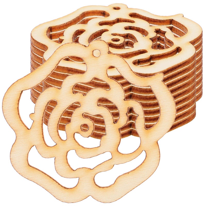 LUOEM 10pcs Hollow Rose Flower Wooden Cutouts Mini Wooden Slices for Patchwork DIY Handmade Crafting Valentines Day Wedding Party Aniversary Hanging Decoration