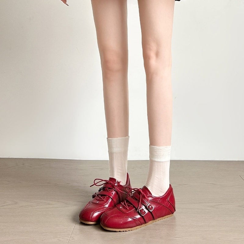 2026 Spring Soft Leather Ballet Sneakers Square Toe Lace-up Casual Mary Jane Shoes - Image 3