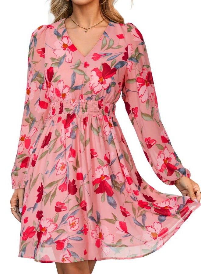 SIMPLEE Womens Floral Mini Dress Long Sleeve Casual V Neck Chiffon Modest Boho Flowy Fall Wedding Guest Dresses, Pink Green Floral, M - Image 1