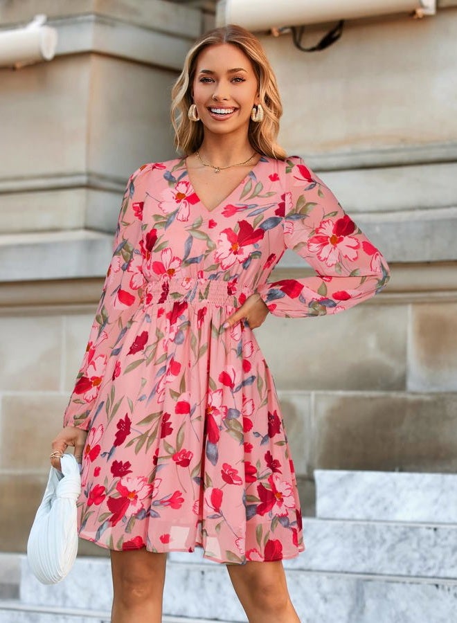 SIMPLEE Womens Floral Mini Dress Long Sleeve Casual V Neck Chiffon Modest Boho Flowy Fall Wedding Guest Dresses, Pink Green Floral, M - Image 3