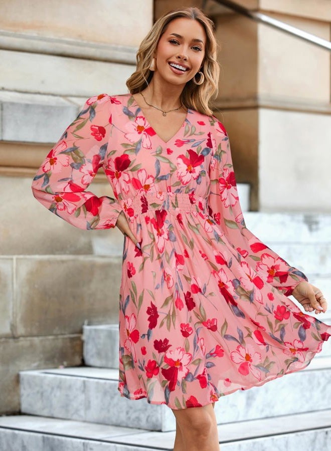 SIMPLEE Womens Floral Mini Dress Long Sleeve Casual V Neck Chiffon Modest Boho Flowy Fall Wedding Guest Dresses, Pink Green Floral, M - Image 2