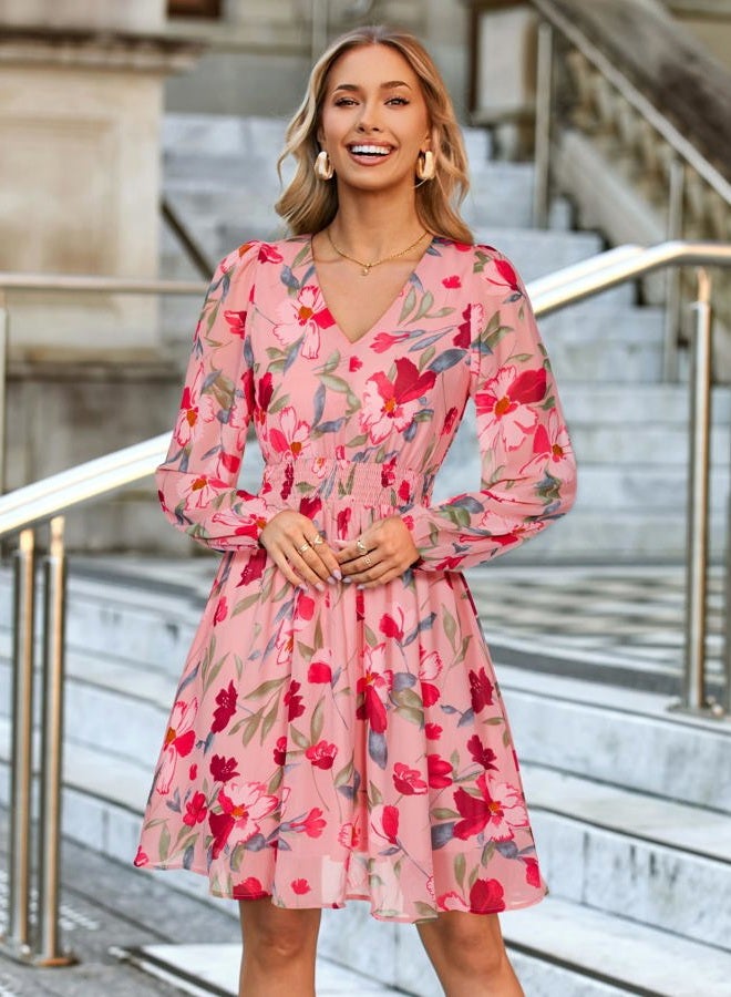 SIMPLEE Womens Floral Mini Dress Long Sleeve Casual V Neck Chiffon Modest Boho Flowy Fall Wedding Guest Dresses, Pink Green Floral, M - Image 5