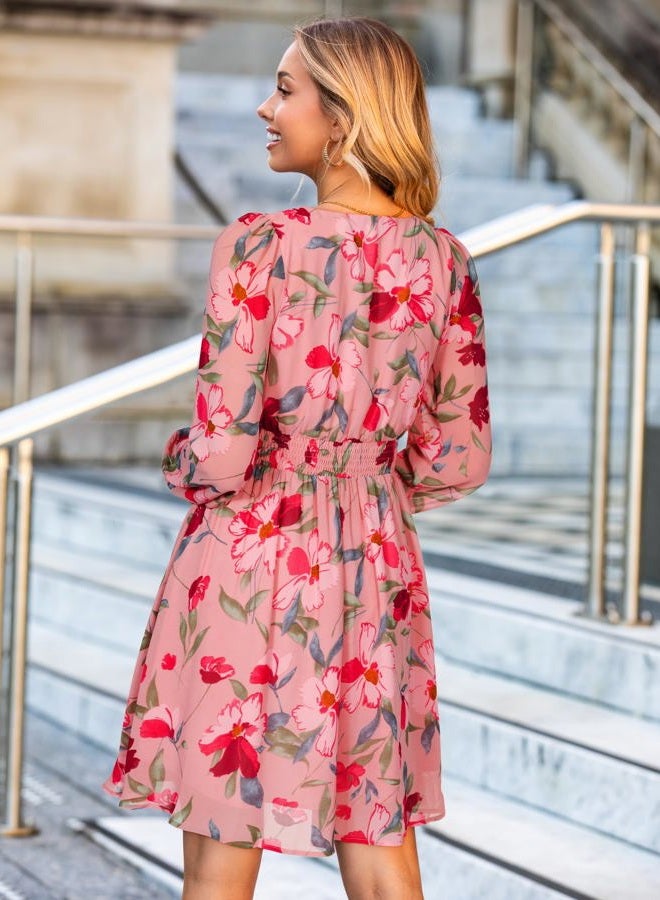 SIMPLEE Womens Floral Mini Dress Long Sleeve Casual V Neck Chiffon Modest Boho Flowy Fall Wedding Guest Dresses, Pink Green Floral, M - Image 4