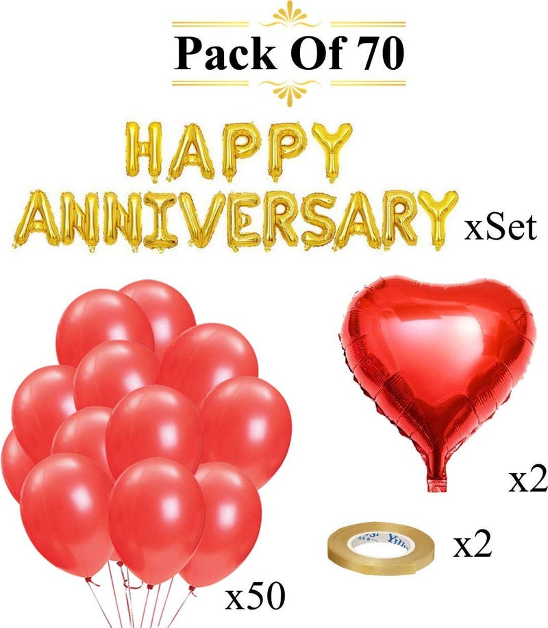 AMFIN® (Pack of 70) Happy Anniversary Golden Letter Foil Balloon Set with Heart Shape, Metallic Balloons & Curling Ribbon for Wedding Anniversary Celebration, Room Decoration Items - Golden & Red - Image 3