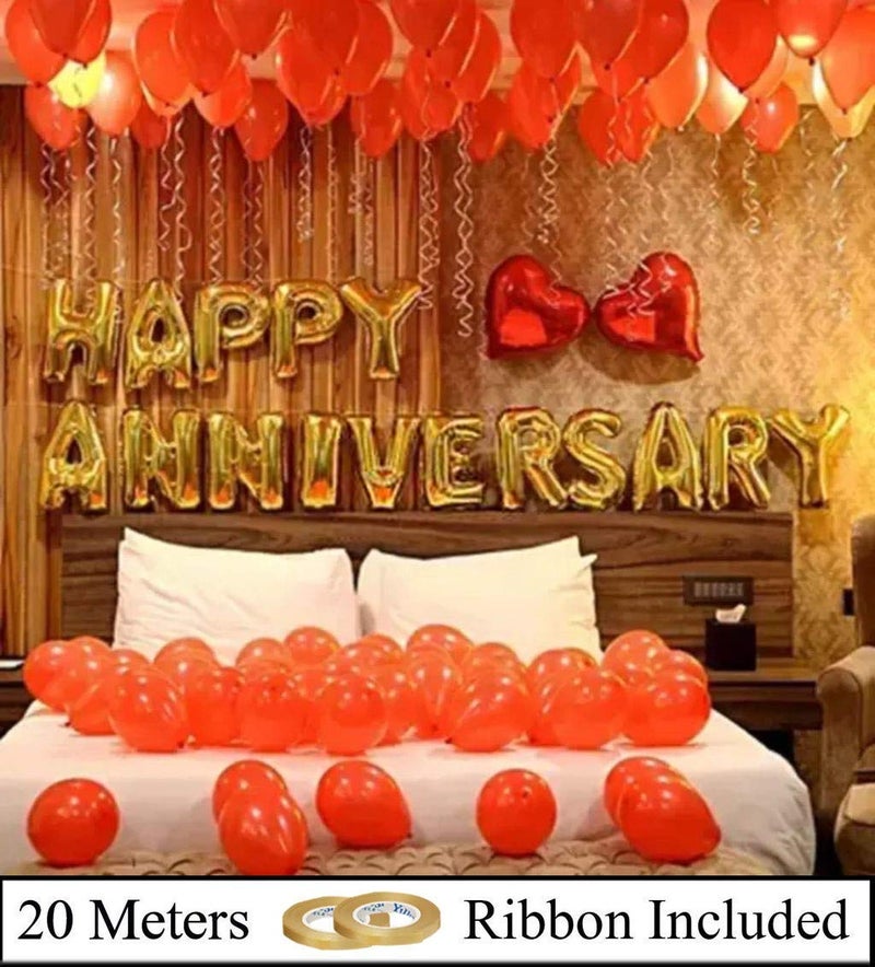 AMFIN® (Pack of 70) Happy Anniversary Golden Letter Foil Balloon Set with Heart Shape, Metallic Balloons & Curling Ribbon for Wedding Anniversary Celebration, Room Decoration Items - Golden & Red - Image 2