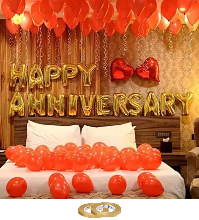 AMFIN® (Pack of 70) Happy Anniversary Golden Letter Foil Balloon Set with Heart Shape, Metallic Balloons & Curling Ribbon for Wedding Anniversary Celebration, Room Decoration Items - Golden & Red - Image 1