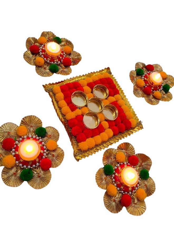 Pom pom Rangoli Diya Holders Tealight Set for Diwali, Festival Decoration, 5Pc - Image 1