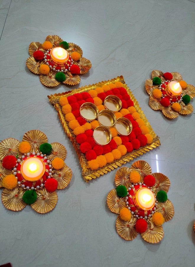 Pom pom Rangoli Diya Holders Tealight Set for Diwali, Festival Decoration, 5Pc - Image 2