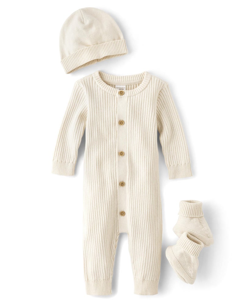 Gymboree,One Piece Body Suit Hat and Socks 3-Piece Newborn Set,Heather Vanilla,6-9 Months - Image 1