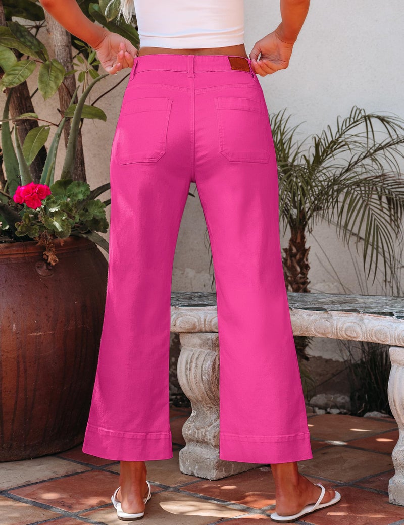 luvamia Wide Leg Jeans for Women Trendy High Waisted Flare Jeans Cropped Denim Pants Stretchy Baggy with Patch Pockets Work Jeans Womens Jeans Size 10 Womens Colored Jeans Hot Pink Size Medium Size 8 - Image 5