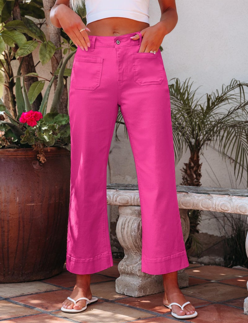 luvamia Wide Leg Jeans for Women Trendy High Waisted Flare Jeans Cropped Denim Pants Stretchy Baggy with Patch Pockets Work Jeans Womens Jeans Size 10 Womens Colored Jeans Hot Pink Size Medium Size 8 - Image 2