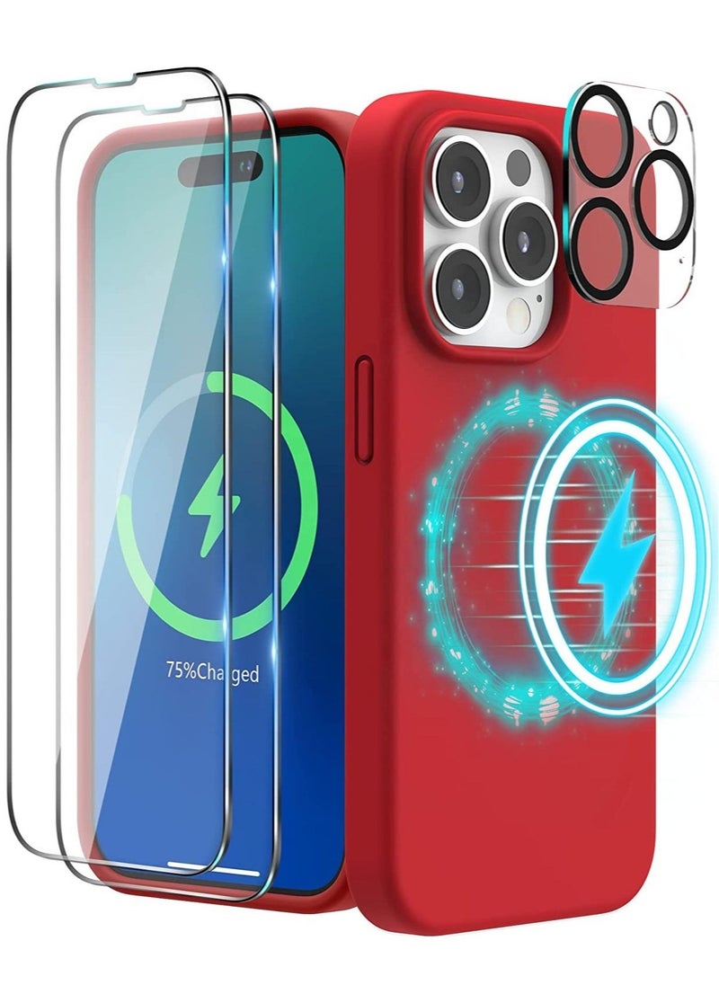 Raxoom (4 in 1 Designed for iPhone 14 Pro Max Case Compatible with MagSafe (6.7 inch, 2022), with 2 Pack Screen Protector + Camera Cover, Liquid Silicone Phone Case (Red) - Image 1