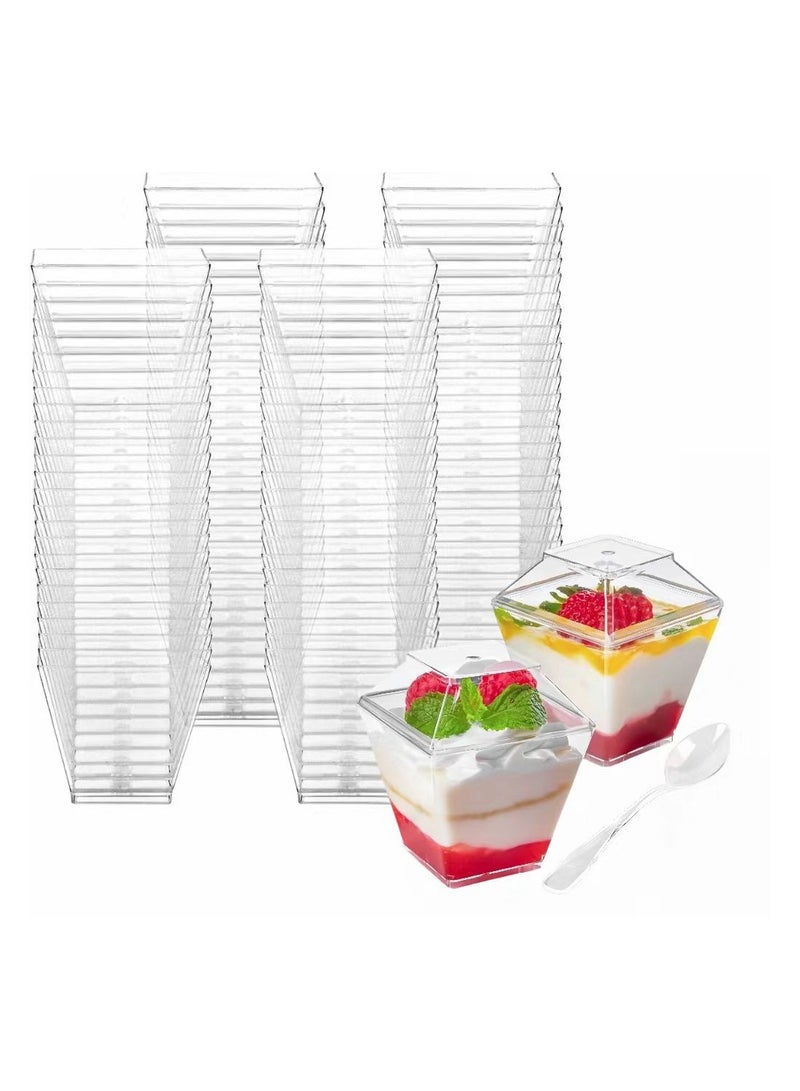 50 Pack 2 oz /60ml Mini Dessert Cups with Lids and Spoons , Square Clear Plastic Appetizer Cups, Reusable Parfait Cups, Small Dessert Bowls for Serving Fruit Ice Cream Pudding Yogurt  - Image 1