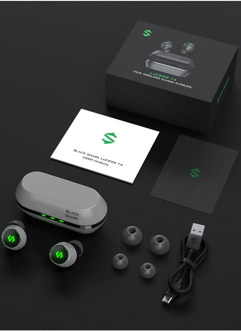 Lucifer T4, wireless earbuds, 45ms ultra-low latency, gaming Bluetooth headset with studio sound quality, Bluetooth 5.2, IPX5 waterproof, 24-hour listening time, microphone.