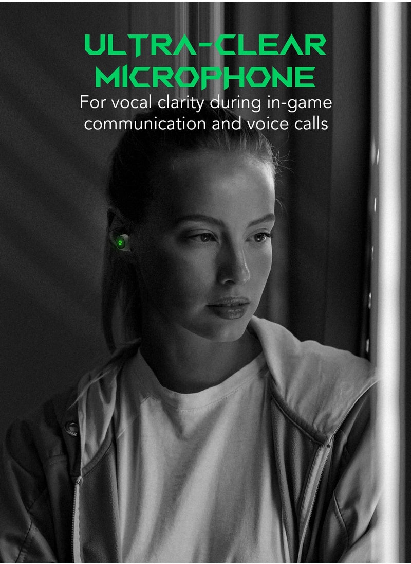 Lucifer T4, wireless earbuds, 45ms ultra-low latency, gaming Bluetooth headset with studio sound quality, Bluetooth 5.2, IPX5 waterproof, 24-hour listening time, microphone.