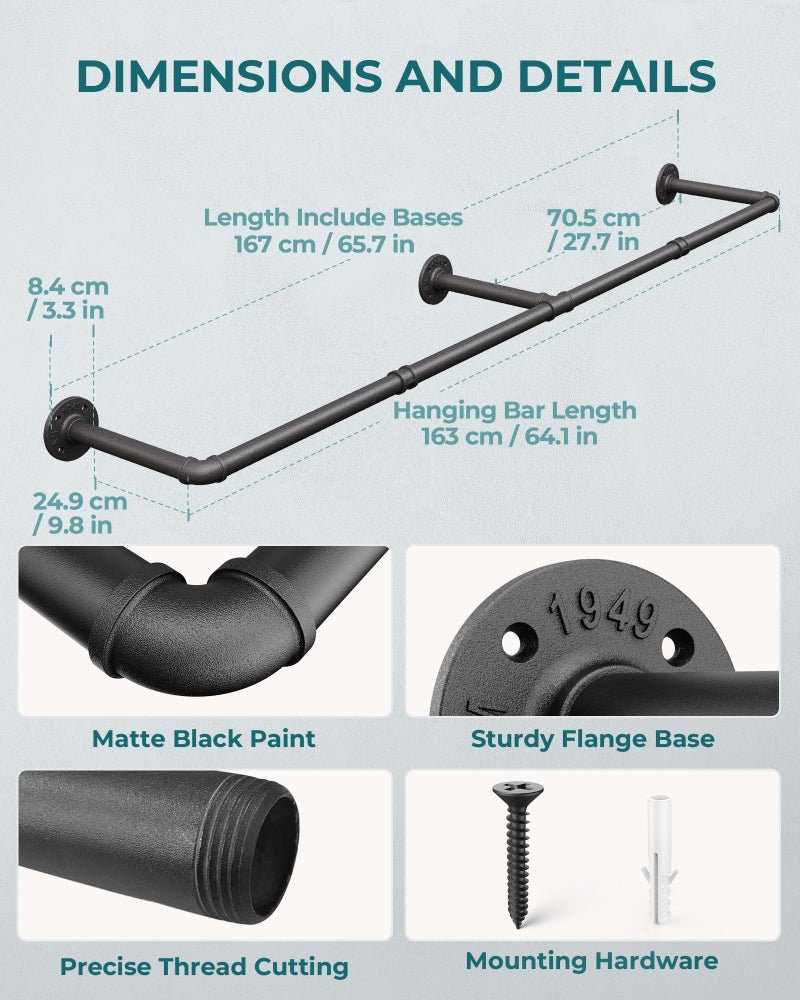 OROPY Clothes Rack, 65.7" Industrial Pipe Clothing Rack 2 Pack for Clothes, Wall Mounted Heavy Duty Space Saving Garment Rack for Closet Storage, Black, 3 Base - Image 4