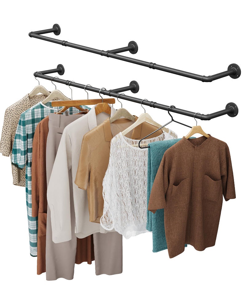OROPY Clothes Rack, 65.7" Industrial Pipe Clothing Rack 2 Pack for Clothes, Wall Mounted Heavy Duty Space Saving Garment Rack for Closet Storage, Black, 3 Base - Image 1