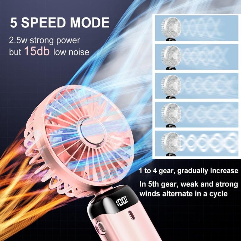Wisely Multifunctional Handheld Fan with Digital Display – Rechargeable USB Mini Fan with 5-Speed – Silent, Portable Desk Fan for Makeup Girl Women Travel, Office, Home – Personal Cooling Fan, Pink - Image 3