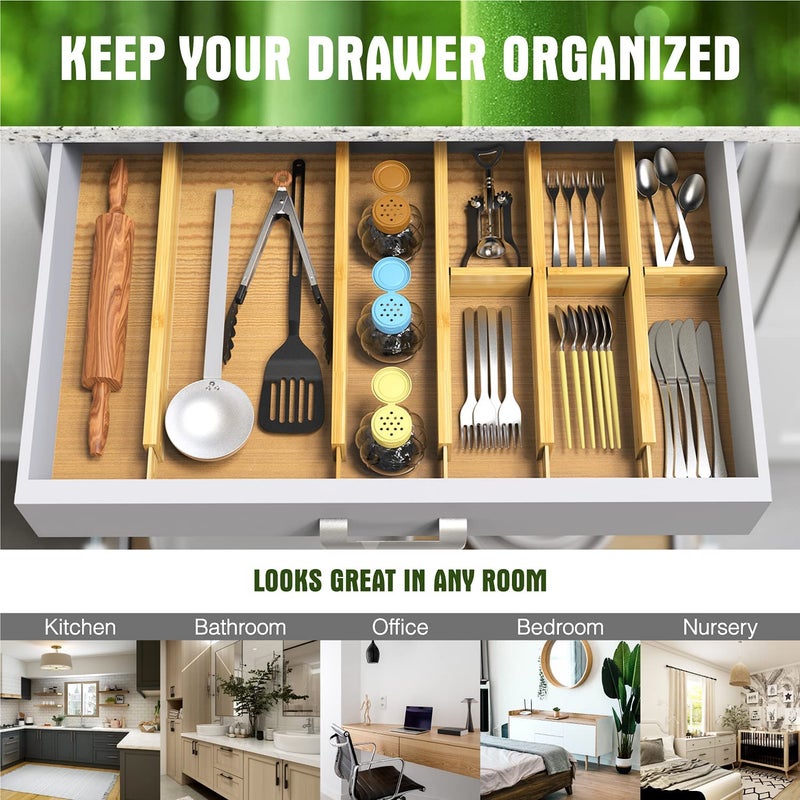 ANTOWIN Bamboo Drawer Dividers Organizers, Drawer Separators Splitter,17-22 inches Long Adjustable Spring-loaded Organizer for Large Utensil, Clothes, Tools Drawers(yellow) - Image 5