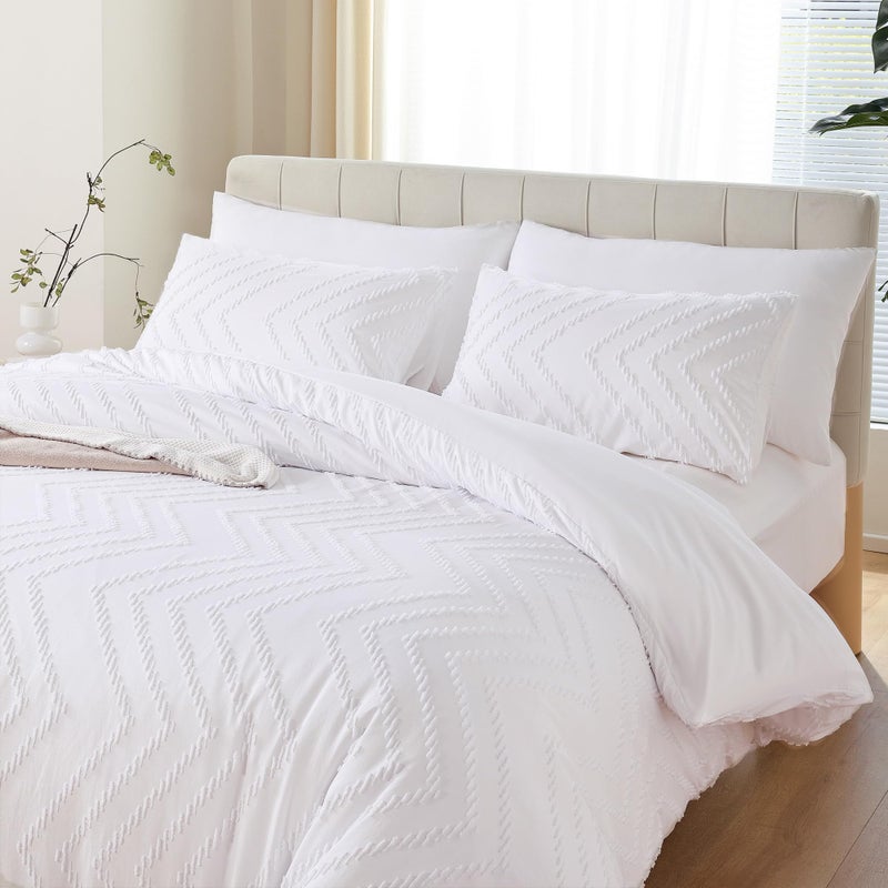 YIRDDEO White Full Size Comforter Set 3Pcs, Boho Full Comforter Set Farmhouse Full Size Bedding Set, Vertical Tufted Full Bed Set, Lightweight Neutral Full Bedroom Set (1 Comforter 2 Pillowcase) - Image 1