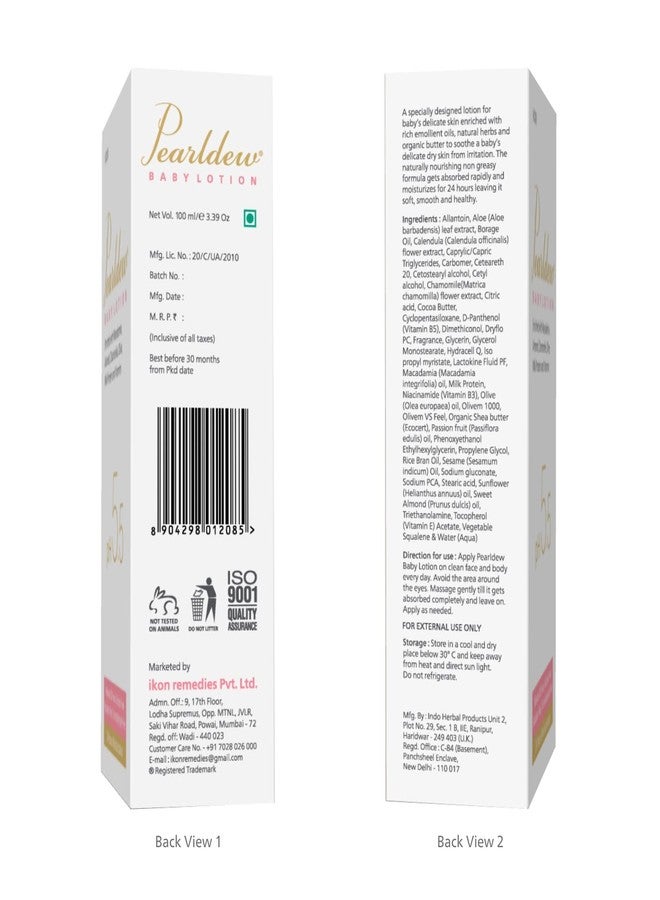 Pearldew Baby Lotion ( 100 ml - Pack Of 3) With Aloe Vera, Calendula, Coco Butter, Grapeseed Oil, Macadamia, Olive Oil, Chamomile, Passion Fruit Oil & Almond Oil | Paraben Free | (100 ml - Pack Of 3) - Image 2