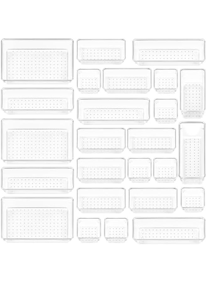 25 PCS Clear Plastic Drawer Organiser Set, 4-Size Versatile Bathroom and Vanity Desk Organizer Trays, Drawer Organizer for Makeup, Bedroom, Kitchen and Office - Image 1