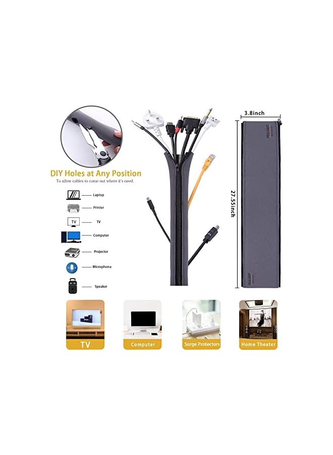 PROMASS promass Cable Management Kit with 2 Wire Organizer Sleeve zipper 27inch Long, 2 Roll Reusable Self Velcro Cable Ties Fastening Strap, Adhesive Cord Holder for Home Office Desk Organiser  - Image 2