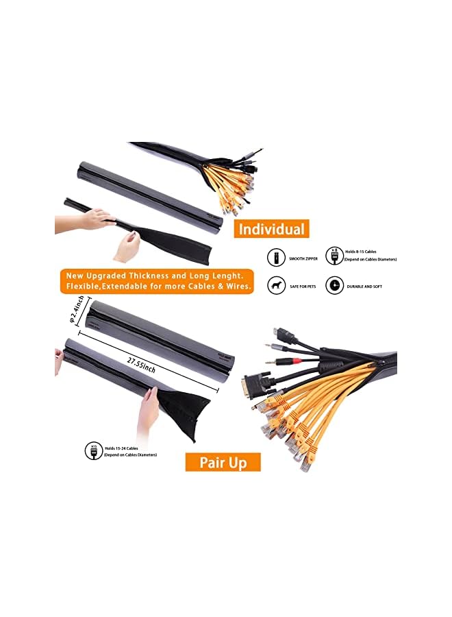 PROMASS promass Cable Management Kit with 2 Wire Organizer Sleeve zipper 27inch Long, 2 Roll Reusable Self Velcro Cable Ties Fastening Strap, Adhesive Cord Holder for Home Office Desk Organiser  - Image 3