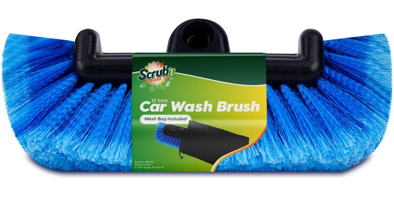 SCRUBIT 12" Car Wash Brush with Soft Bristles for Car Truck Boat Deck & House Cleaning, Exterior Washing Brush Connects with Pole & Hose, Storage Bag Included (Blue) - Image 1
